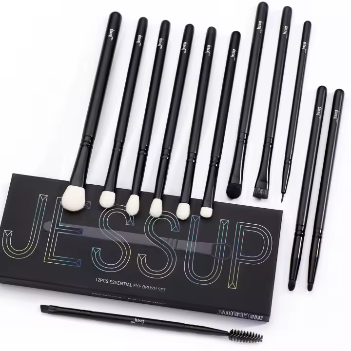 Jessup - Juego de 12 brochas para difuminar ojos, sombras de ojos naturales y sintéticas, delineador plano, difuminador de cejas y pestañas, T322 - 1