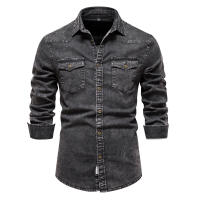 Camisas de Mezclilla AIOPESON para Hombres con Doble Bolsillo en Color Sólido Estilo Casual Cowboy de Calidad Delgada para Otoño Primavera - details 4