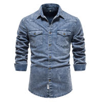 Camisas de Mezclilla AIOPESON para Hombres con Doble Bolsillo en Color Sólido Estilo Casual Cowboy de Calidad Delgada para Otoño Primavera - details 2