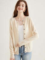 LINY XIN Women's Crew Neck Cardigan Sweater 100% Merino Wool Spring Fall Lightweight Soft Long Sleeve Knitted Coat - details 4