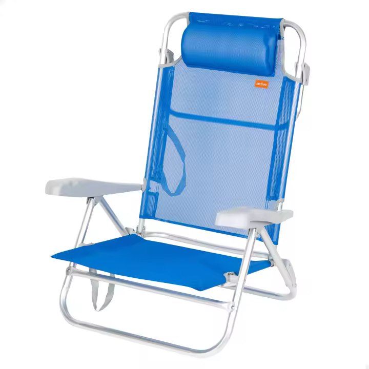 Aktive - Silla de playa plegable, 47x49x82 cm, respaldo 8 posiciones, aluminio y textileno, asiento bajo, incluye cojín acolchado, sin tubo delantero, asa de transporte, silla reclinable de playa, multiposición, silla playa plegable ligera - 1