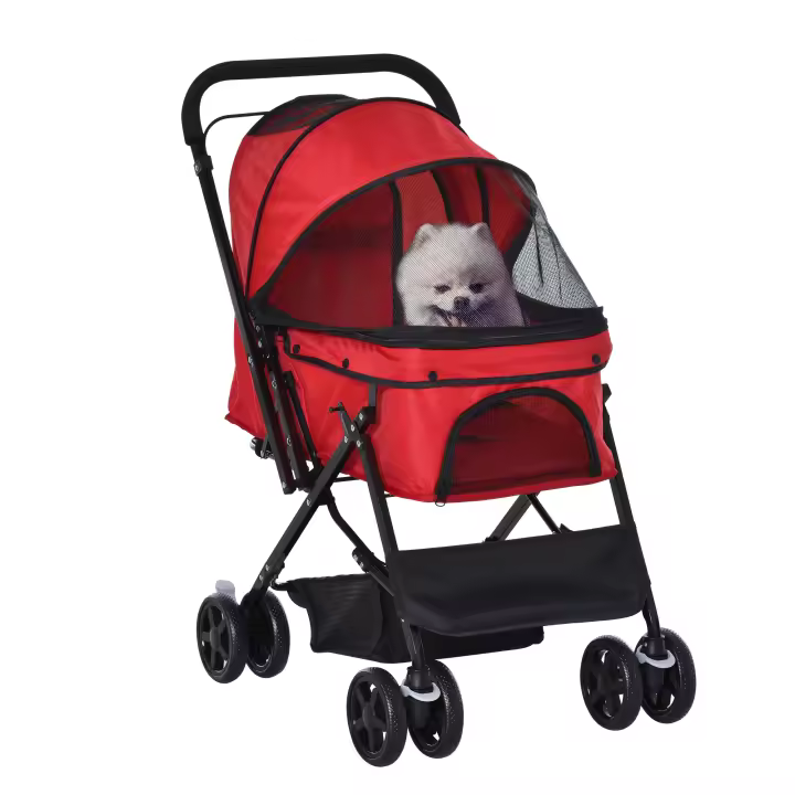 PawHut Carrito para Perros Plegable Cochecito para Perros Pequeños Cochecito para Mascotas con Mango Reversible Ventana de Malla Cesta y Cuerda de Seguridad Carga 10 kg 76,5x52x95 cm Marrón - 1