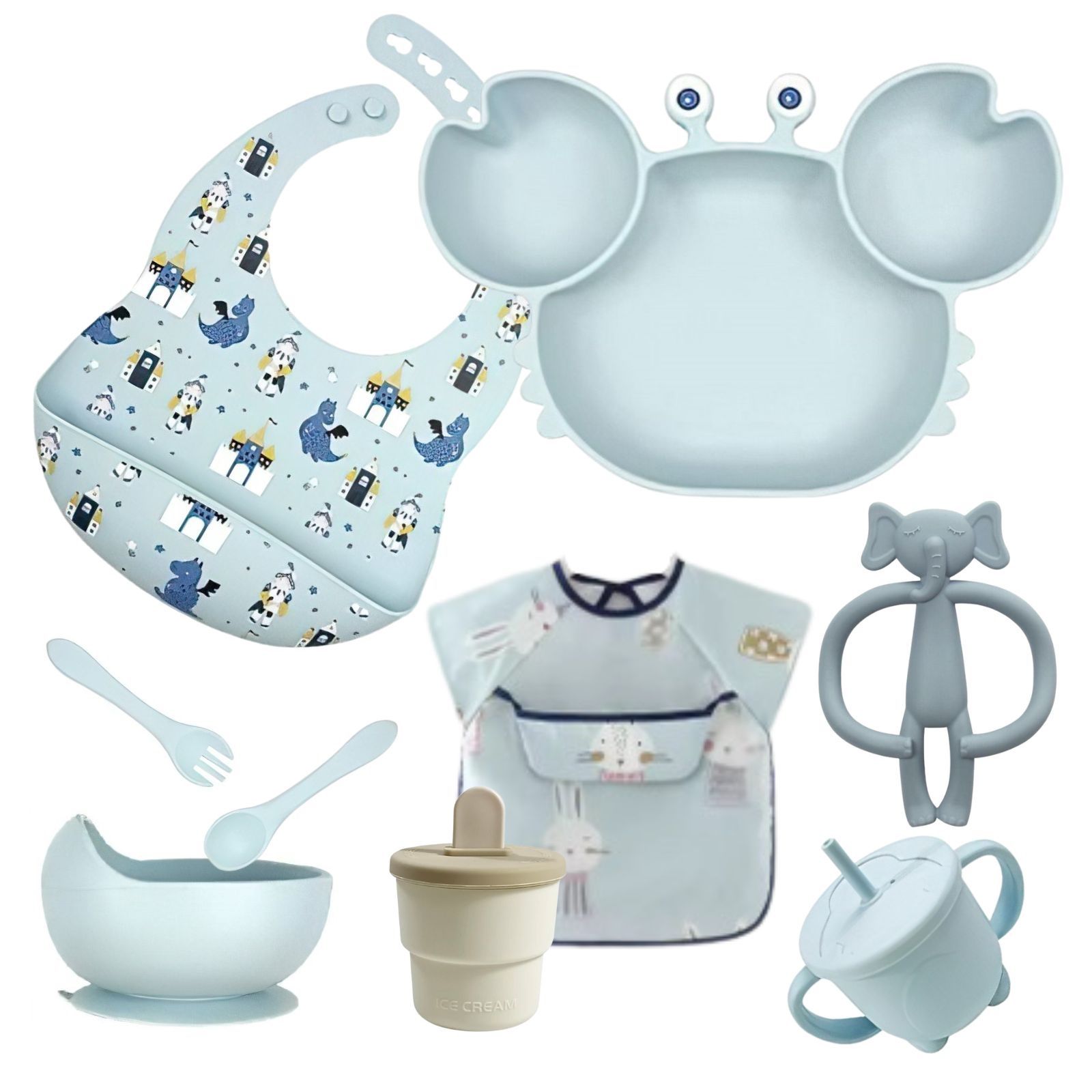 Vajilla Infantil de Silicona 9 Piezas con Babero Ajustable, Cuenco Antiderrame y Utensilios Suaves para Encías – ASENME