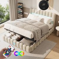 Cama tapizada 140x200 cm con LED en cabecero, cama capitoné beige con arcón de almacenaje y estructura de lino, sin colchón - details 0