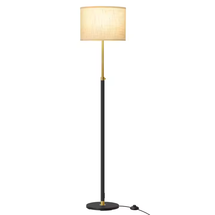Lámpara de pie VASAGLE, Navidad, lámpara de lectura regulable en altura, 140-170 cm de altura, moderna, con interruptor de pedal, pantalla de tela, casquillo E27, dorado y negro/negro tinta - 1
