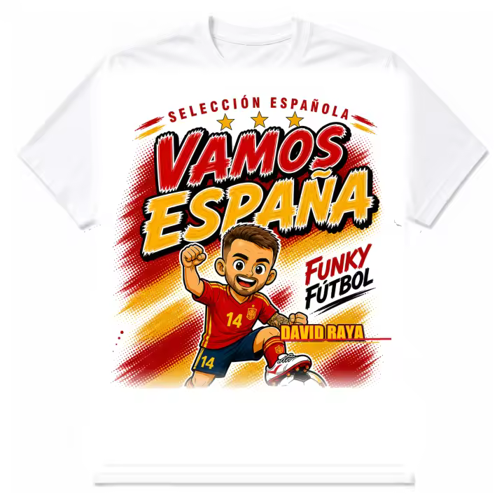 Stock Futbol Camiseta Blanca Selección Española 2026 Muñeco Funky David Raya, Frase Vamos España, Diseño Fútbol Rojo y Amarillo para Afición España - Talla S - 1