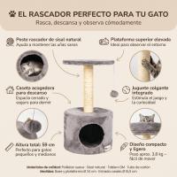 Casa Basics - Rascador para gatos KUCHI, Árbol para Gatos, Alto: 59 cm, 1 caseta, 1 Plataforma Mirador, 1 pompon, Negro/Gris/Beige - details 1