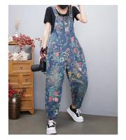 Traje De Piernas Anchas Para Mujer Con Estampado Floral Y Bolsillos Estilo Casual Streetwear Denim Rompers De Talla Grande Con Cinturones Y Mangas - details 1