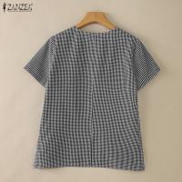 Blusa a Cuadros ZANZEA Para Mujer Verano Manga Corta Cuello V Casual Ligera Tops De Verano Blusas Para Mujer OL Trabajo - details 12