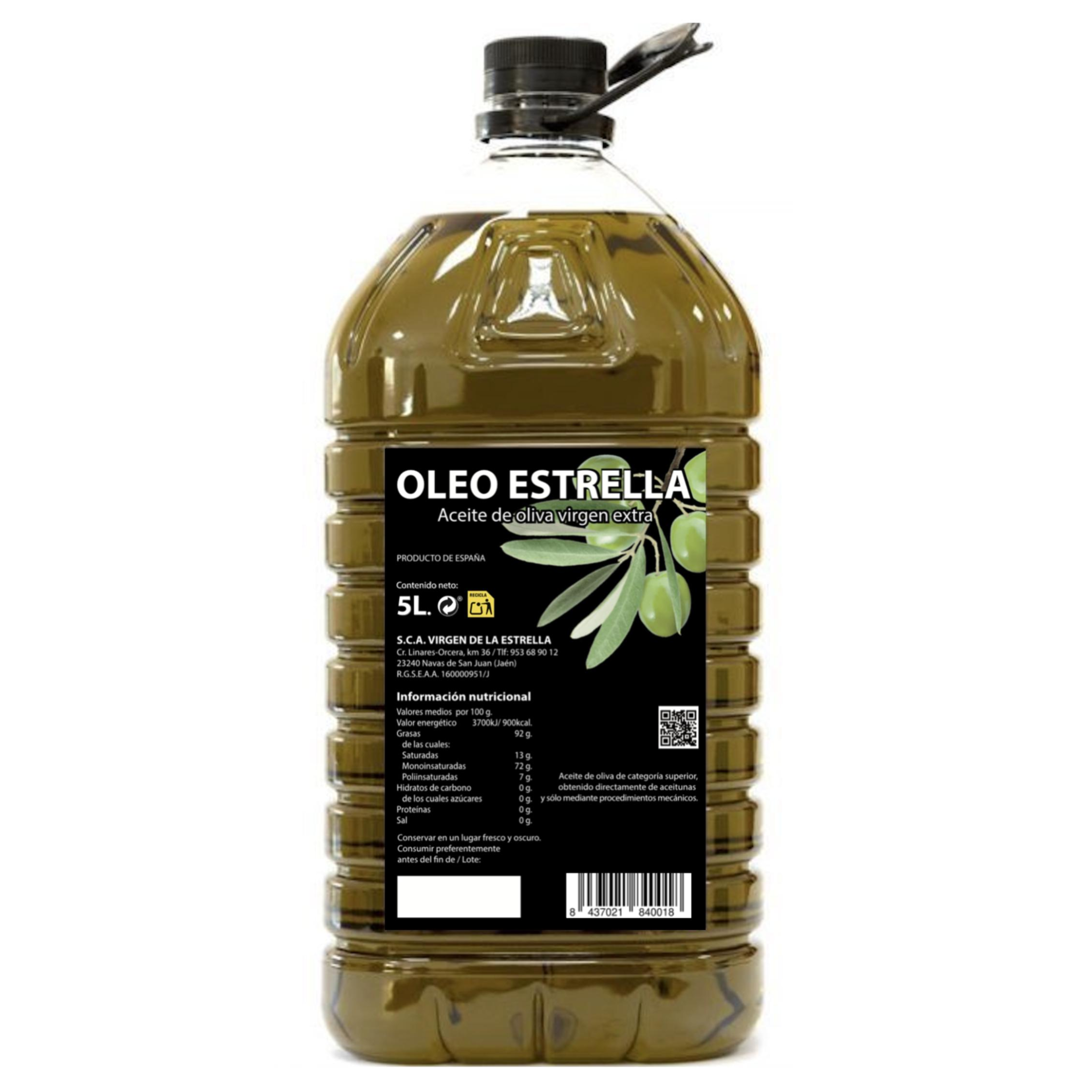 Aceite Oliva Virgen Extra -Garrafa 5L - Origen Jaén - Andalucía - Aceite Cooperativa OLEOESTRELLA