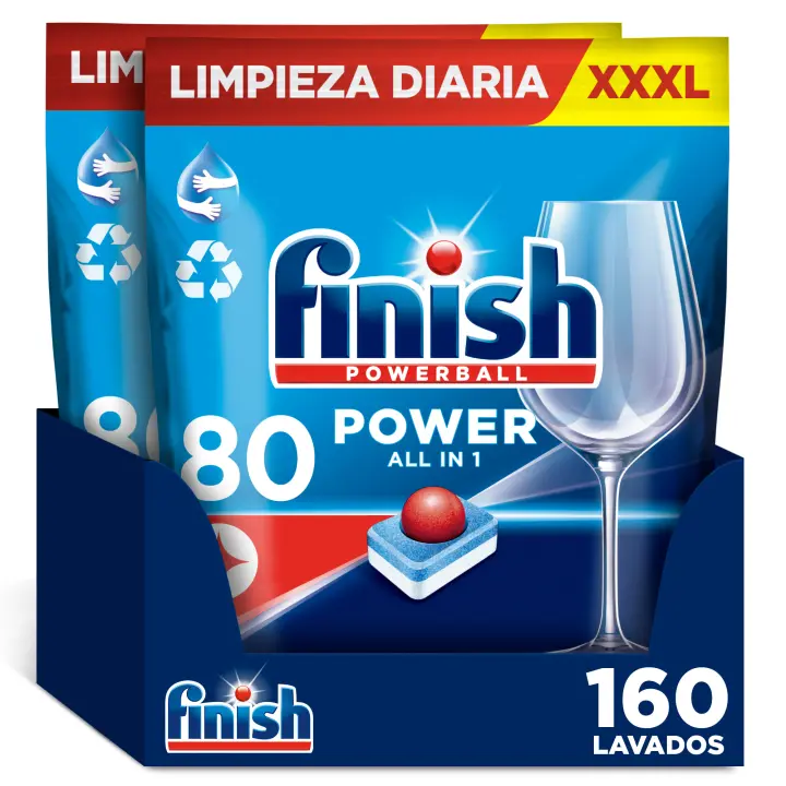Finish Powerball Power All in 1 Pastillas para lavavajillas Regular 160 Pastillas, Limpieza y Brillo Diario - 1