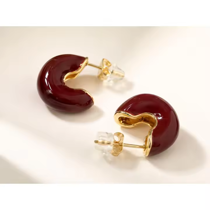 SmileJoyas - Pendientes de Aro Gruesos en Acero Inoxidable con Esmalte Borgoña y Borde Dorado - 1