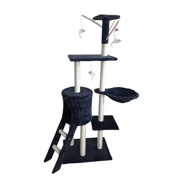 Rascador para gatos con torre multiusos, casita, hamaca y juguetes – Color Gris o Beige Amarillento Marca Cottecota + Vara - 1
