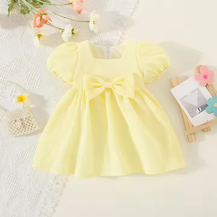 Vestido De Verano Para Bebé Niña En Color Sólido Con Cuello Redondo Y Lazo Para Ropa Diaria De Longitud De Rodilla - 1