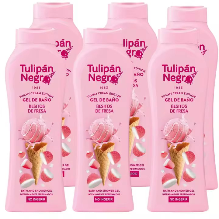 Gel de Baño Tulipán Negro Besitos de Fresa 650 ml - Pack Ahorro 6 Unidades, Hidratación Cremosa con Aroma Frutal para una Ducha Dulce y Enamoradora【ROUA】 - 1