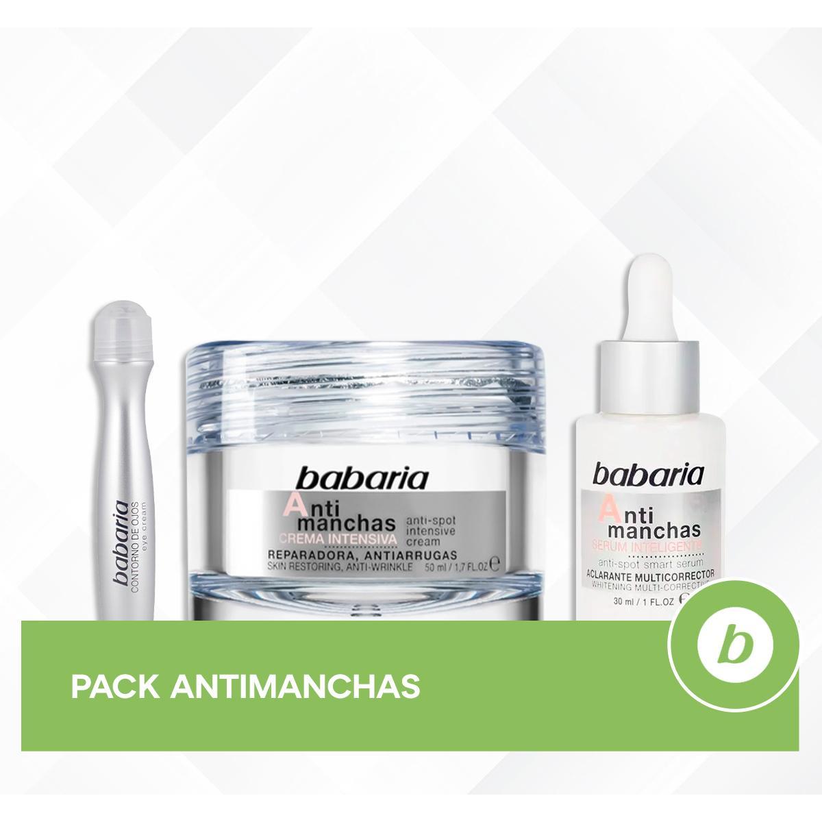 Babaria Pack Antimanchas: Crema Facial Intensiva 50ml, Sérum Inteligente 30ml y Contorno de Ojos para Manchas, Ojeras y Tono Uniforme 12ml