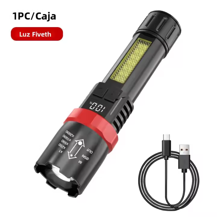 Linterna Táctica De Alta Potencia LED 2000LM Con Luz Lateral Y Pantalla Recargable Por USB Para Camping Pesca Emergencias - 1