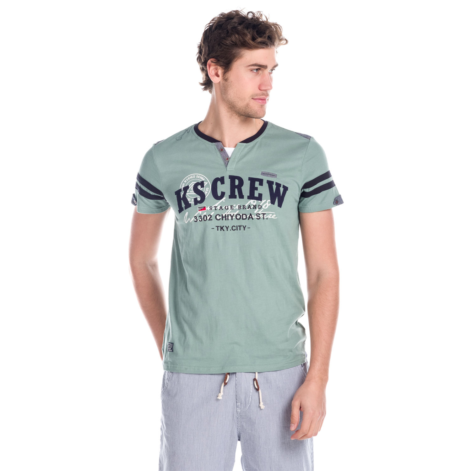 Koroshi Camiseta manga corta con letras estampadas, bordado y rayas en manga | tendencia actual