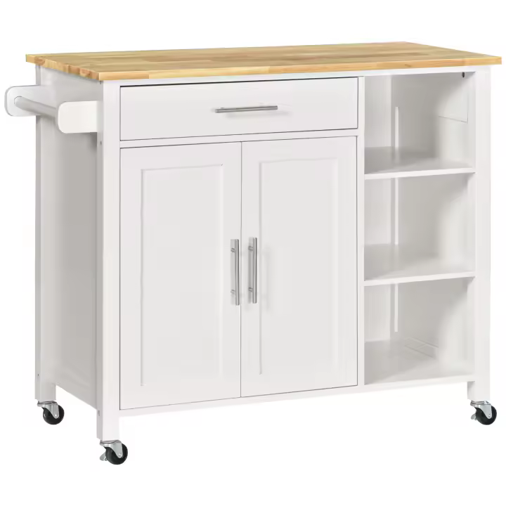 HOMCOM Isla de Cocina con Ruedas Mueble Auxiliar de Cocina con 1 Cajón 2 Puertas 3 Estantes Abiertos y Barra Lateral para Comedor 107,5x48x89 cm Blanco - 1