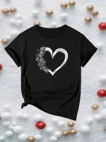 Camiseta Elegante Para Mujer Con Estampado Floral Y Corazón Estilo Harajuku Casual Manga Corta O-Neck Polyester Talla True - details 0