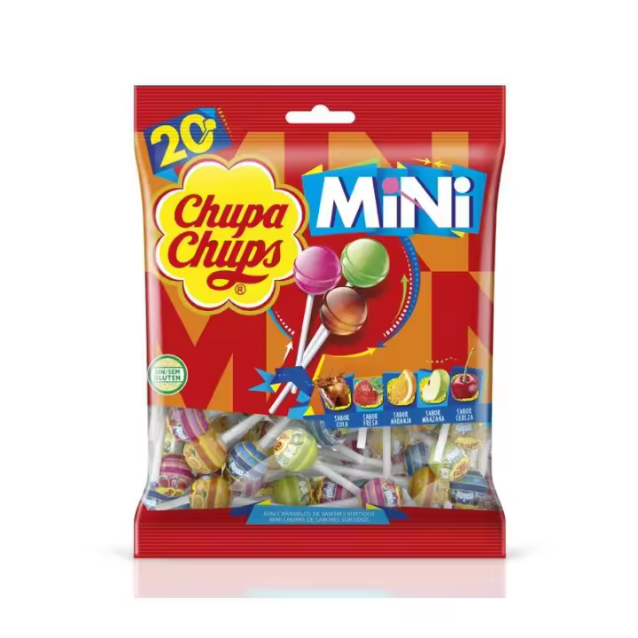 Chupa Chups en tamaño mini con los 5 sabores más vendidos: cola, fresa, naranja, manzana y cereza. Cada Mini Chupa Chups va envuelto individualmente y en paquetes de 20 unidades. Caja de 12 paquetes. - 1