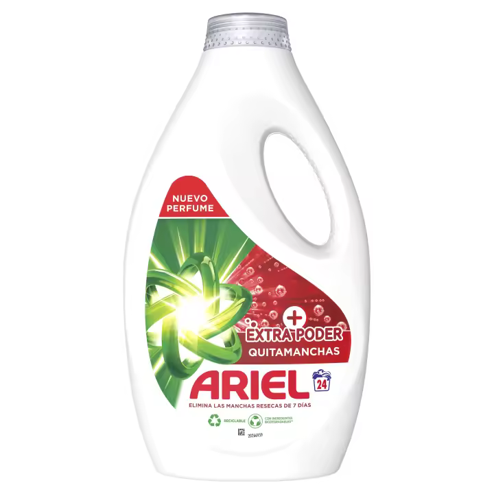 Ariel + Poder Extra Quitamanchas Detergente Líquido Para Lavadora, 24 Lavados, Limpieza Profunda + Eliminación De Manchas Adicional - 1