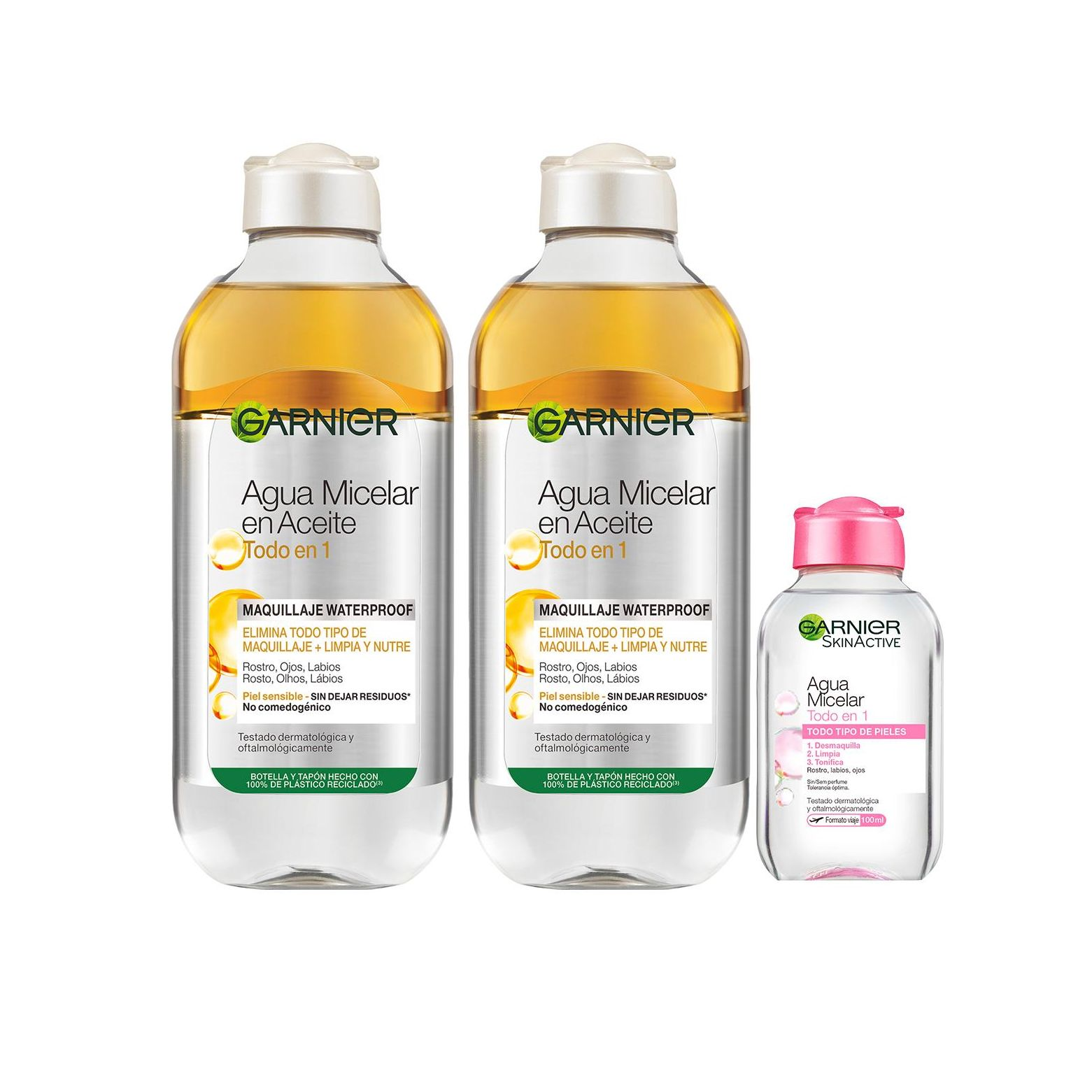 Garnier Skin Active Duplo de Agua Micelar en Aceite - 2x400 ml+ Agua Micelar todo en 1 100ml