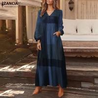 Vestido Largo Elegante Para Mujer ZANZEA Con Manga Larga Vintage Verano Vintage Mujer Vestido a Cuadros Bohemio Con Bolsillos Cuello V Ajuste Suave - details 5