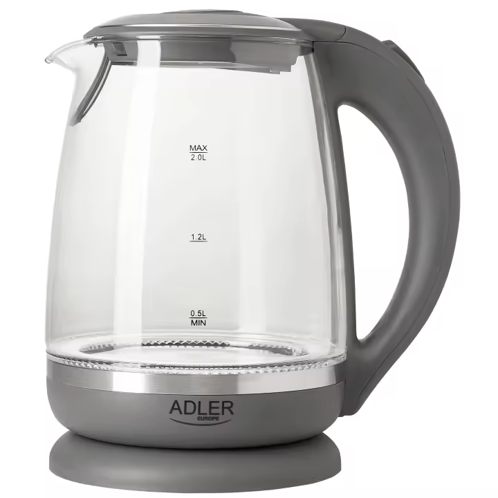 Adler AD1286 Hervidor Agua Eléctrico 2,0 Litros Jarra Cristal Inalámbrica Retroiluminada, Apagado Automático, 2200W, Gris - 1