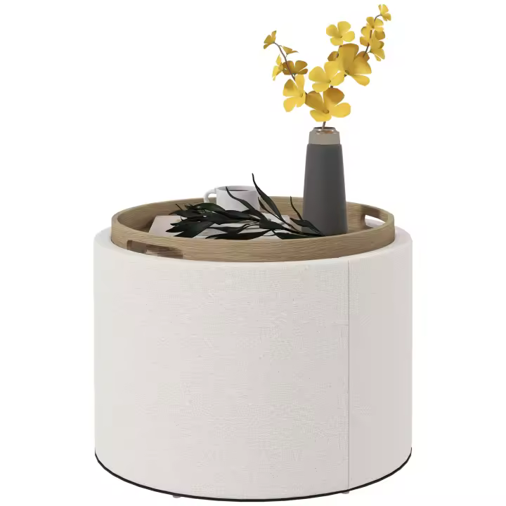 HOMCOM Taburete otomano redondo con espacio de almacenamiento, tapa abatible, en aspecto lino para salón, dormitorio, Ø56 x 42 cm - 1