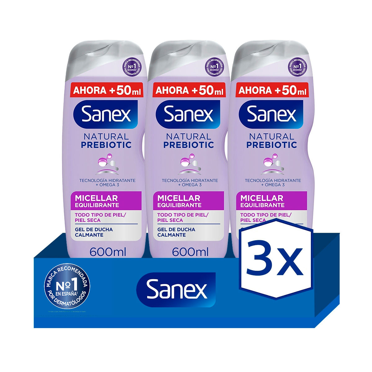 Gel de ducha o baño Sanex BiomeProtect Micellar sin jabón 550 ml + 50ml. Pack 3