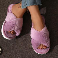 Pantuflas De Casa Para Mujer Con Tela De Peluche CrissCross Y Suela Suave Open Toe Fuzzy Caliente Invierno Pantuflas Cómodas Para Interno - details 19