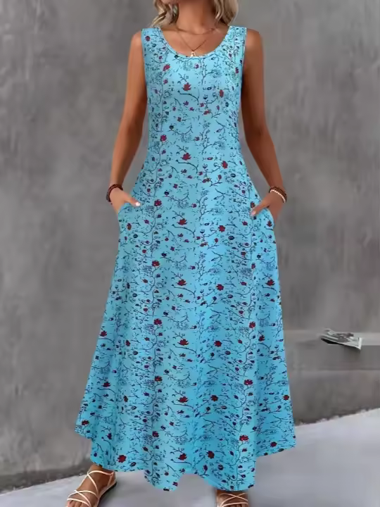 Vestido Largo Sin Mangas Floral Para Mujer Verano Casual Con Bolsillos A-Line Vestido De Playa De Maxi Estilo O-Neck Polyester - 1