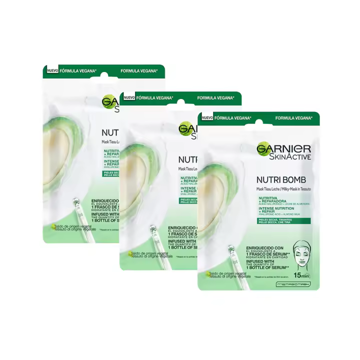 Garnier Skin Active Nutri Bomb Milky Mask Tissu Reparadora – Mascarilla de tejido con leche de almendra ecológica y ácido hialurónico para pieles secas y tirantes - 1