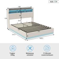 Cama tapizada 140x200 cm 160x200 cm, cama doble con cabecero de almacenaje, LED RGB, puerto de carga, somier de lamas, terciopelo beige - details 0
