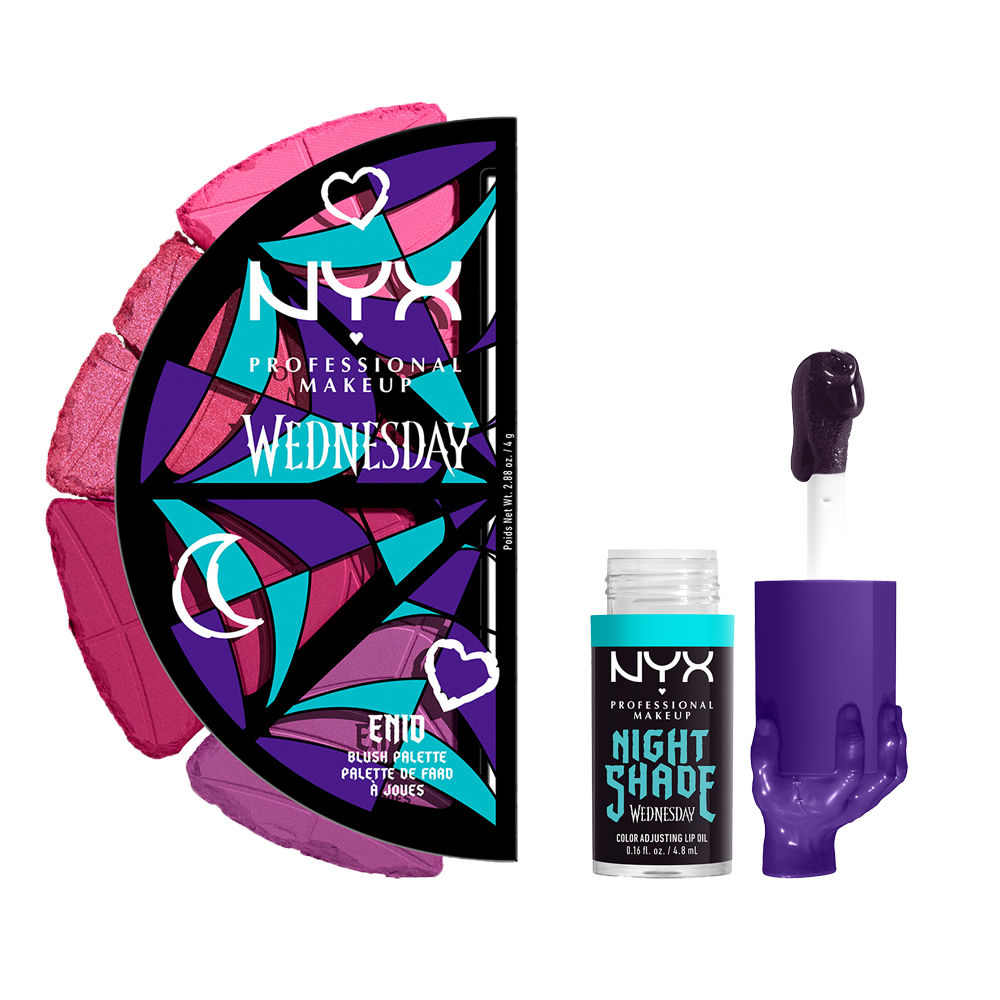 NYX Professional Makeup | Paleta de coloretes colección Wednesday + Lip Gloss Wednesday Fat Oil, cambia de color con una hidratración Heavy.