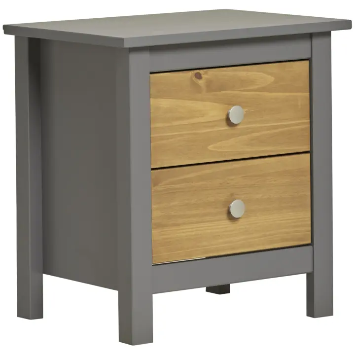 VS Venta-Stock Mesita de Noche Bonnie 2C Gris/Cera de Madera de Pino Macizo con 2 Cajones y Acabado en Barniz Fino - 1