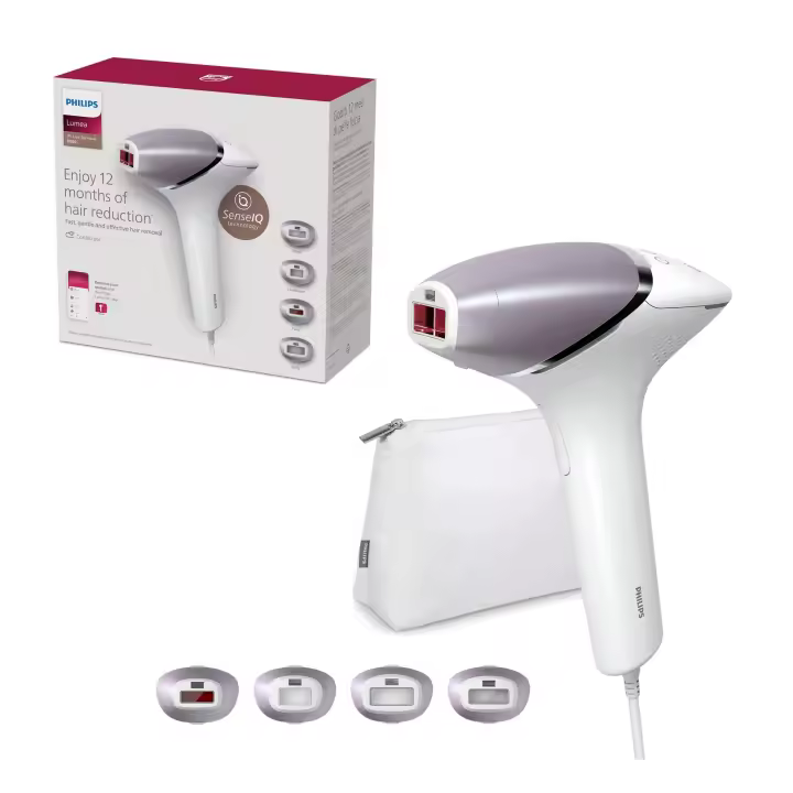 Depiladora IPL Philips Lumea Serie 8000 BRI947/00, depilación permanente, luz pulsada, 4 cabezales, cara y cuerpo, sensor de piel inteligente