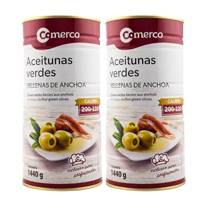 Pack 2× Aceitunas Rellenas de Anchoa Comerco – Lata 1,4 kg (2.8 kg Total, neto escurrido 1.2 kg) Ideal para Aperitivos y Hostelería - 1