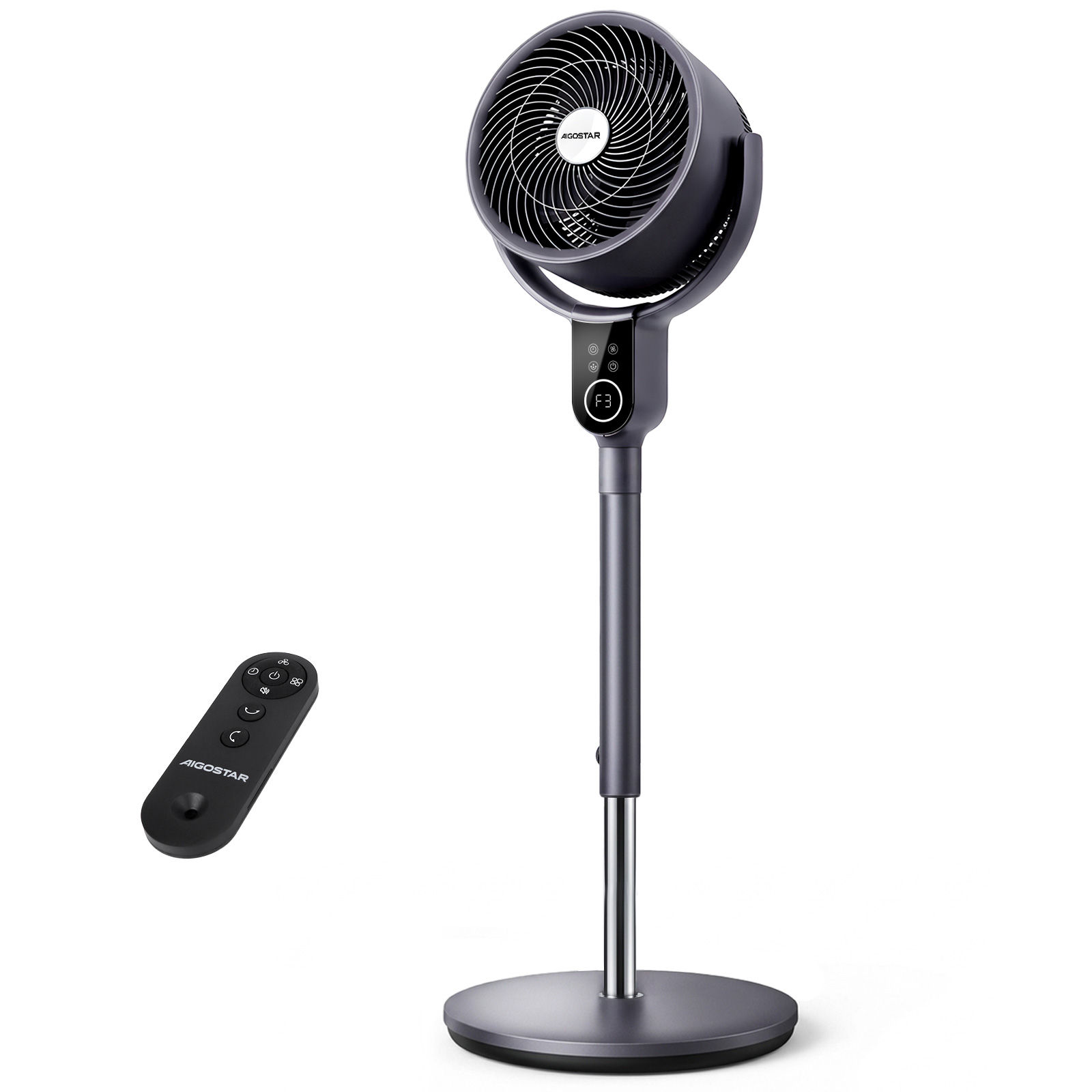 Aigostar Ventilador de Pie Silencioso con Mando a Distancia – 8 velocidades, 50 W, oscilación 3D, temporizador de 12 h, motor DC de bajo consumo, altura ajustable. Ideal para salón y dormitorio.