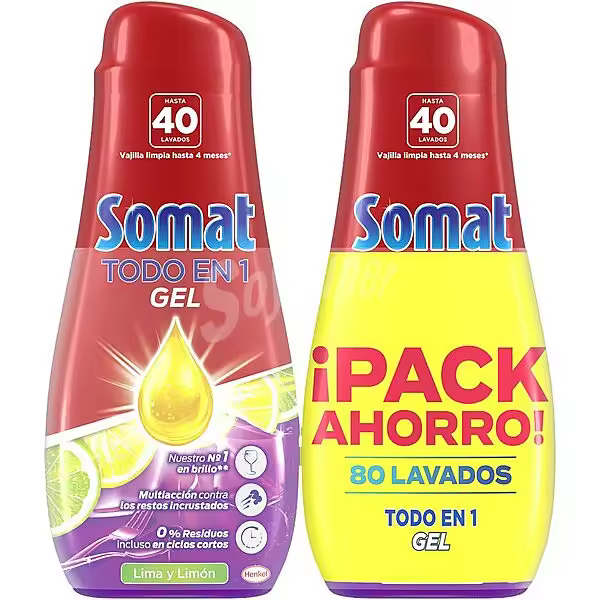 Pack de 2 Geles Lima Limón Detergente Lavavajillas 40 Dosis - Poder de Limpieza para Ciclos Cortos, Vajilla Brillante - 640 ml (1280 ml en Total) - Somat - 1