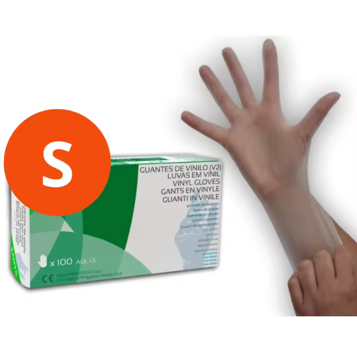 Sanyc Guantes de vinilo sin polvo para examen, limpieza, manipulación de alimentos. Transparente. Caja de 100 Unidades. Tallas S, M, L - 1