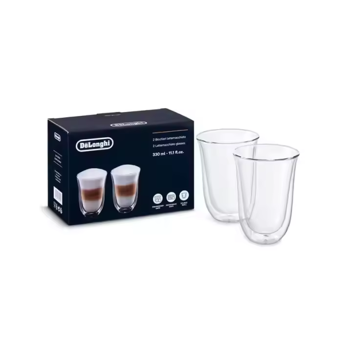 Delonghi - Juego de 2 Vasos Latte Macchiato de 330ml. Vasos de vidrio de doble pared resistentes al calor. Modelo DLSC312 - 1