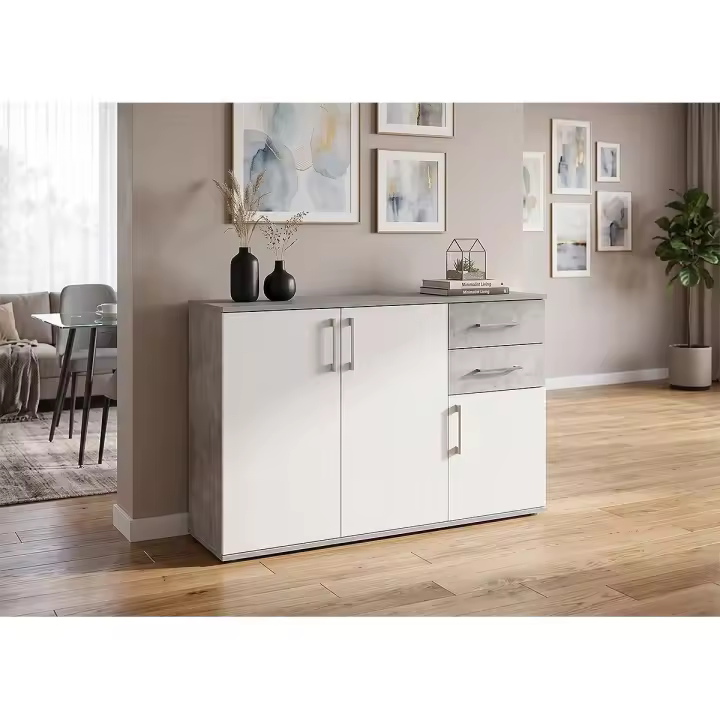 Comoda Aparador Joana 3 Puertas y 2 Cajones Blanco y Cambria 120x82 cm - 1