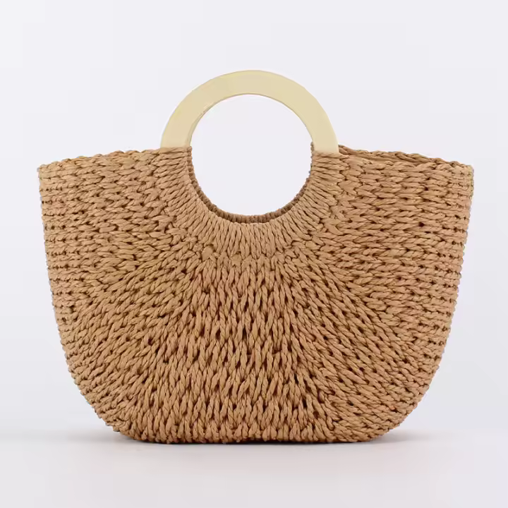 MOV Bolso tejido a mano con asa de madera, bolso tejido con cuerda de papel, bolso de playa, bolso de gran capacidad para mujer para viajes y vacaciones en la playa. - 1