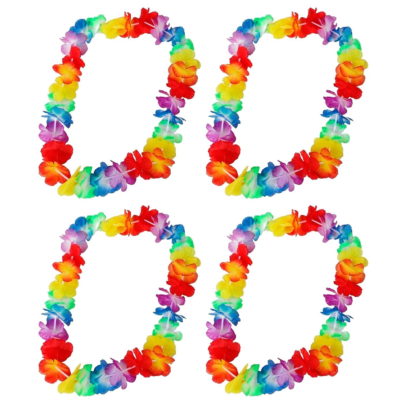 Tradineur - Pack de 4 Collares de flores hawaianas grandes multicolor - Diámetro aprox: 32 cm - Ideal para disfraces en fiestas, carnaval o halloween.