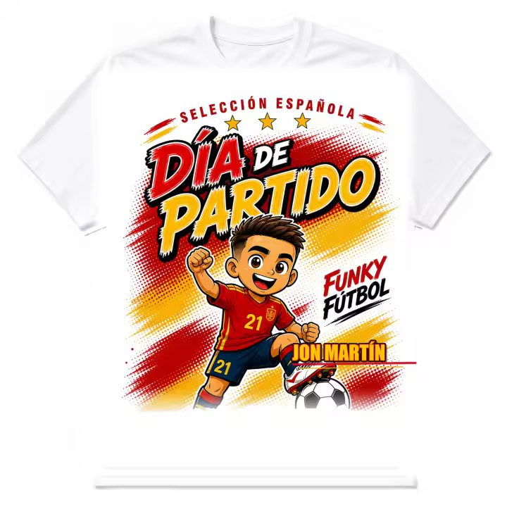 Stock Futbol Camiseta Blanca Selección Española 2026 Muñeco Funky Jon Martín, Frase Día de partido, Diseño Fútbol Rojo y Amarillo para Afición España - Talla S - 1