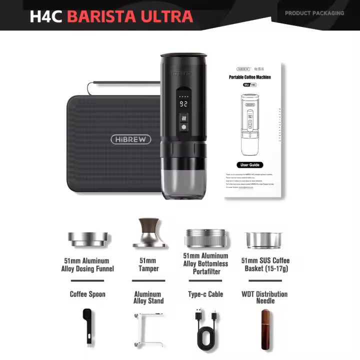 HiBREW H4C BARISTA ULTRA, Portable Coffee Machine, Detachable Battery, Wireless Heating, AdjustableTemperature (85~95°C), Professional Bottomless 51mm Portafilter, 20-BarHigh Pressure, 100mL Water Tank, with Aluminum Alloy Stand, 7500mAh Battery - 1