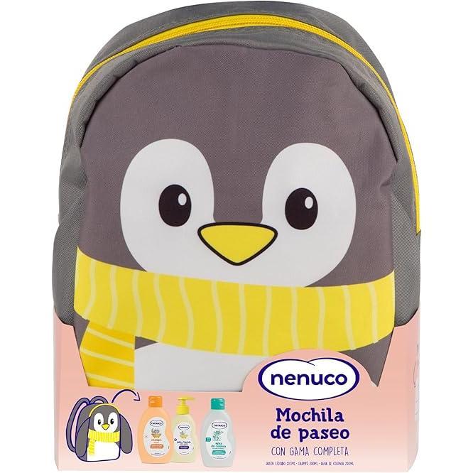 NENUCO Pack Bebé Mochila de Paseo Pingüino, con Gama Completa, Colonia, Jabón, y Champú, 3x200ml
