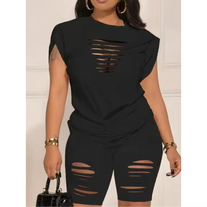 Conjunto De Moda Para Mujer Talla Grande 1XL-5XL Camiseta Corta Y Shorts Estampados 2 Piezas Ropa Casual De Color Sólido - 1